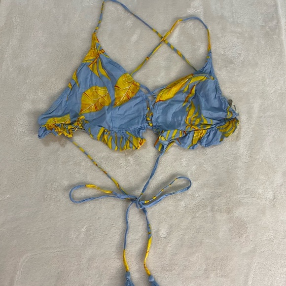 Molly Green Blue Yellow Tropical Floral Ruffle Triangle Top 100% Rayon Women's M - Picture 11 of 12